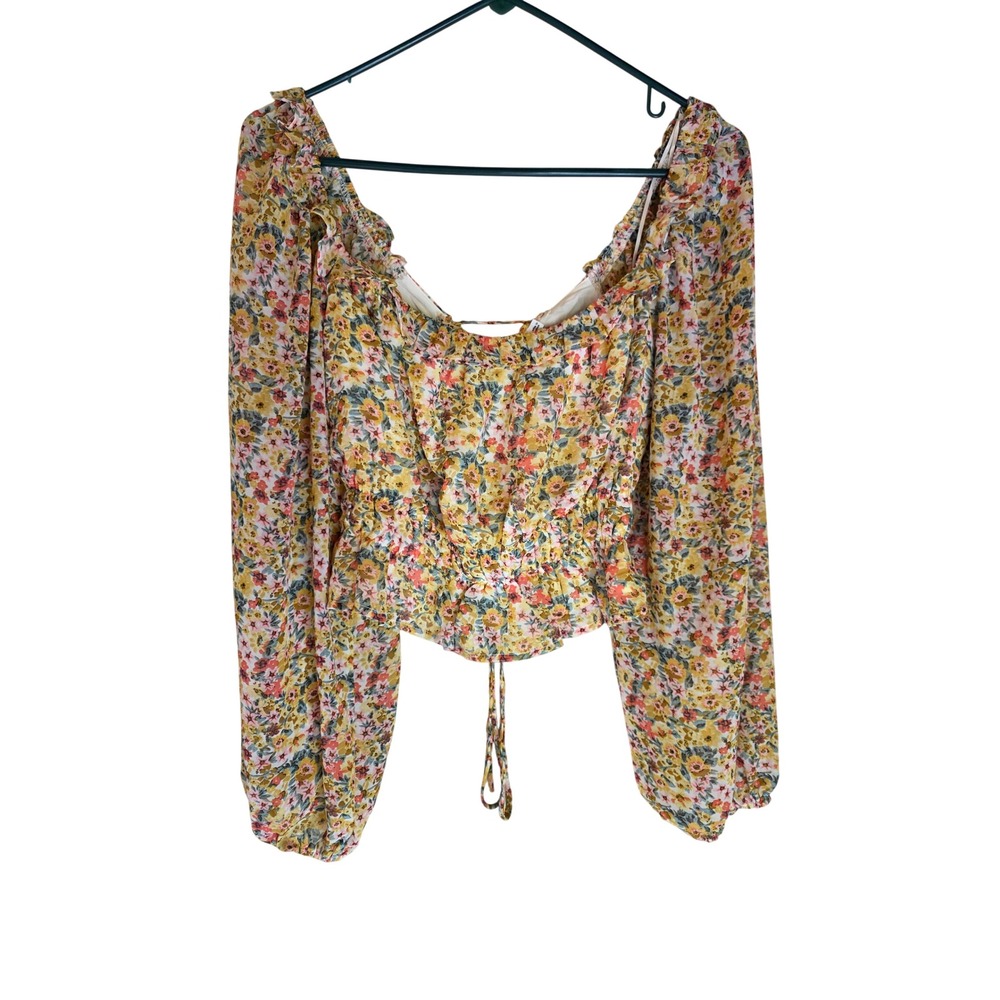 Lush Yellow Floral Smocked Crop‎ Top Long Balloon Sleeve Boho Chiffon Blouse L